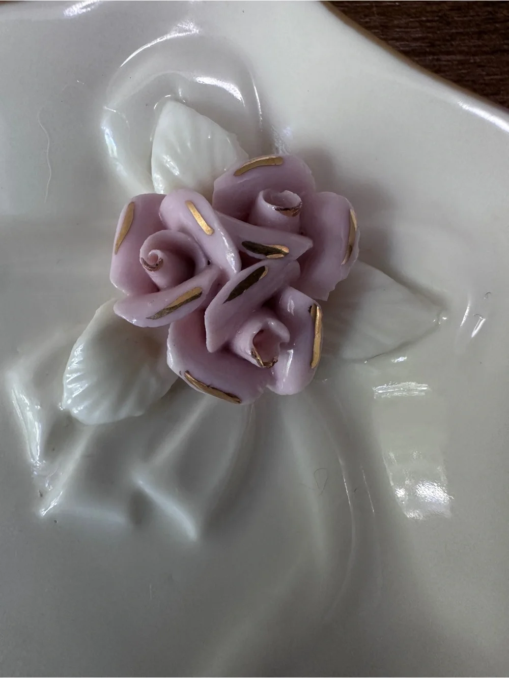 Vintage Cracker Barrel Ivory Porcelain 6 Pc Tea Set Raised Pink Roses Gold Trim